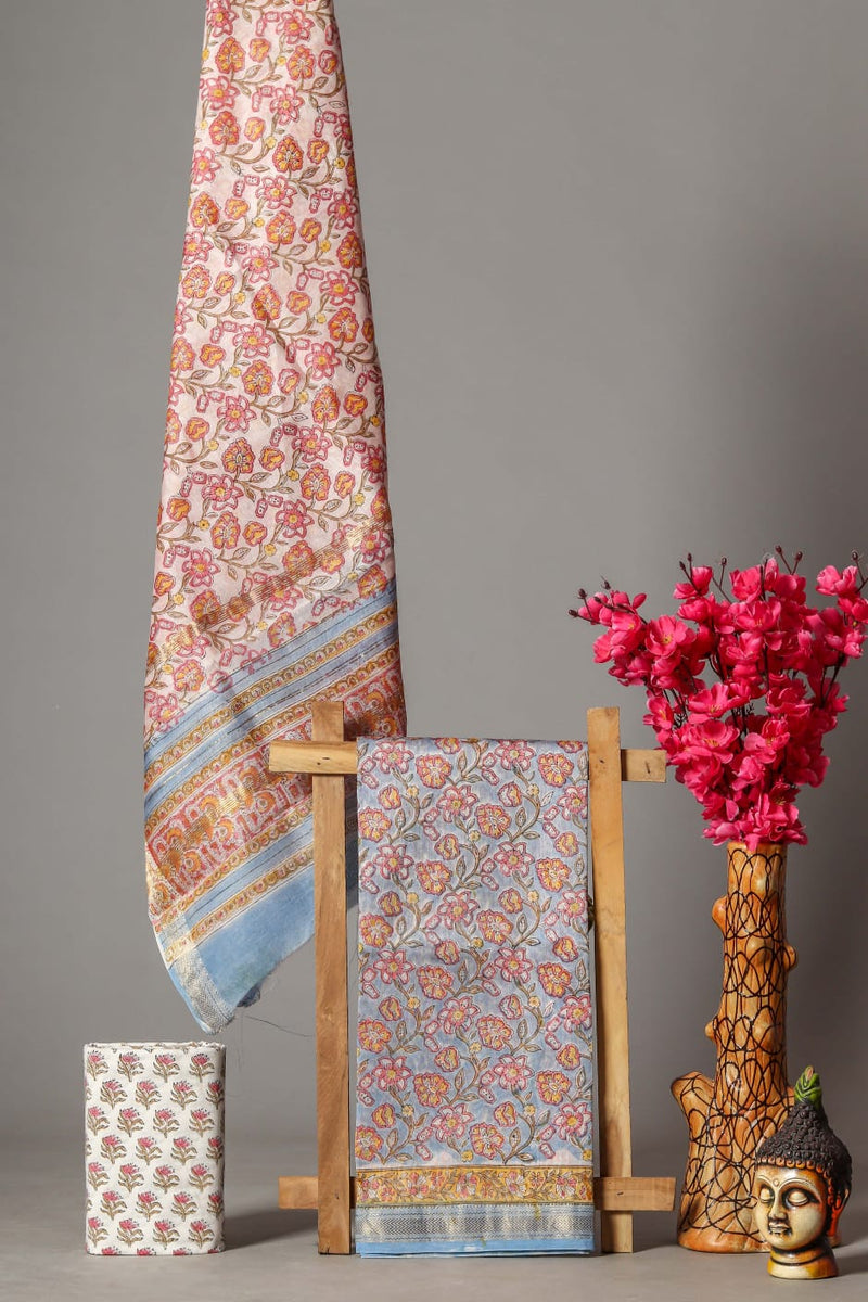 Sky blue Maheshwari silk suit set of 3