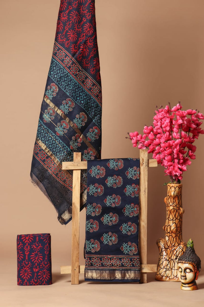 Blue Maheshwari silk suit set of 3