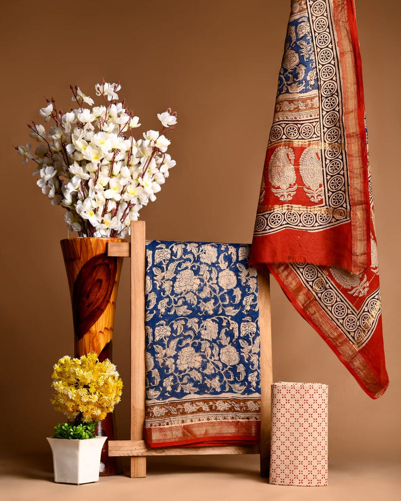 Blue Maheshwari silk suit set of 3